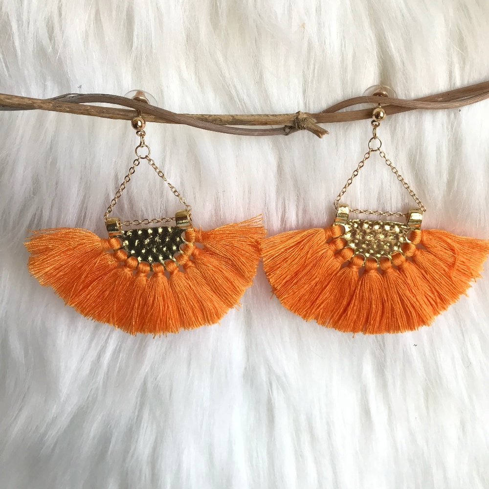 Boho fan-shaped tassel fringe statement earrings